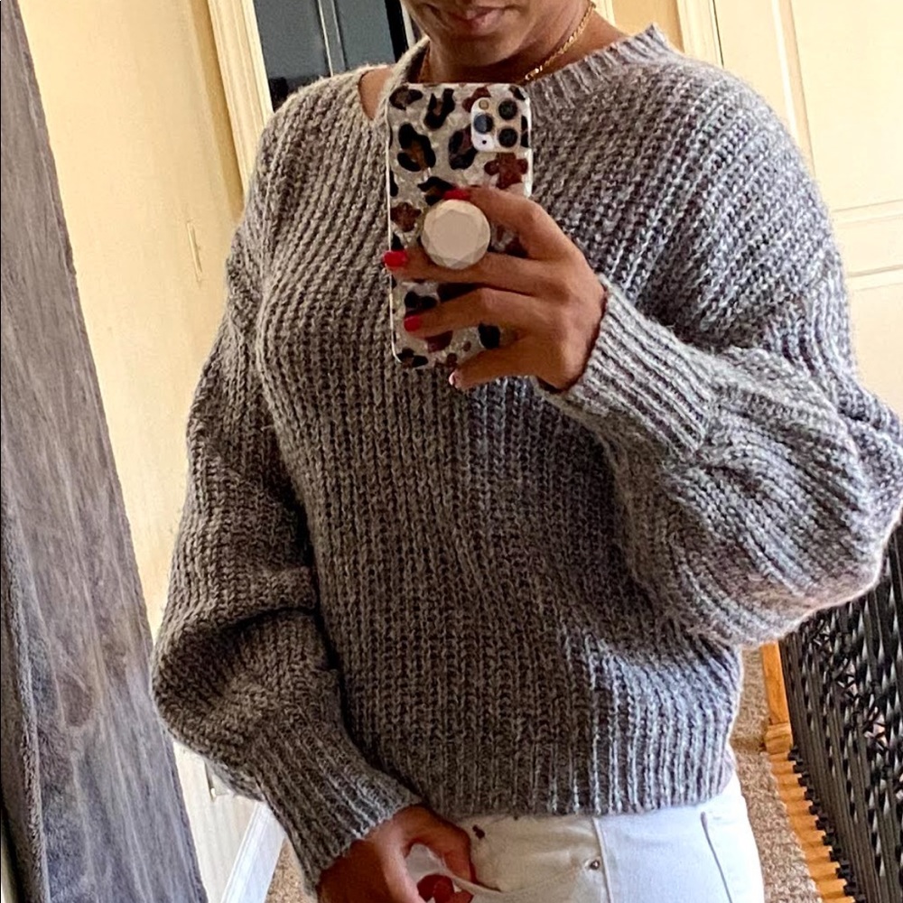 Gray Split Neck Cable sweater